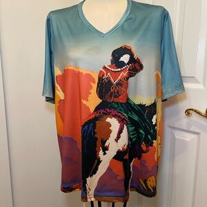 Western Indian women’s top. Desert Colors Native Woman on a Horse: 2XL